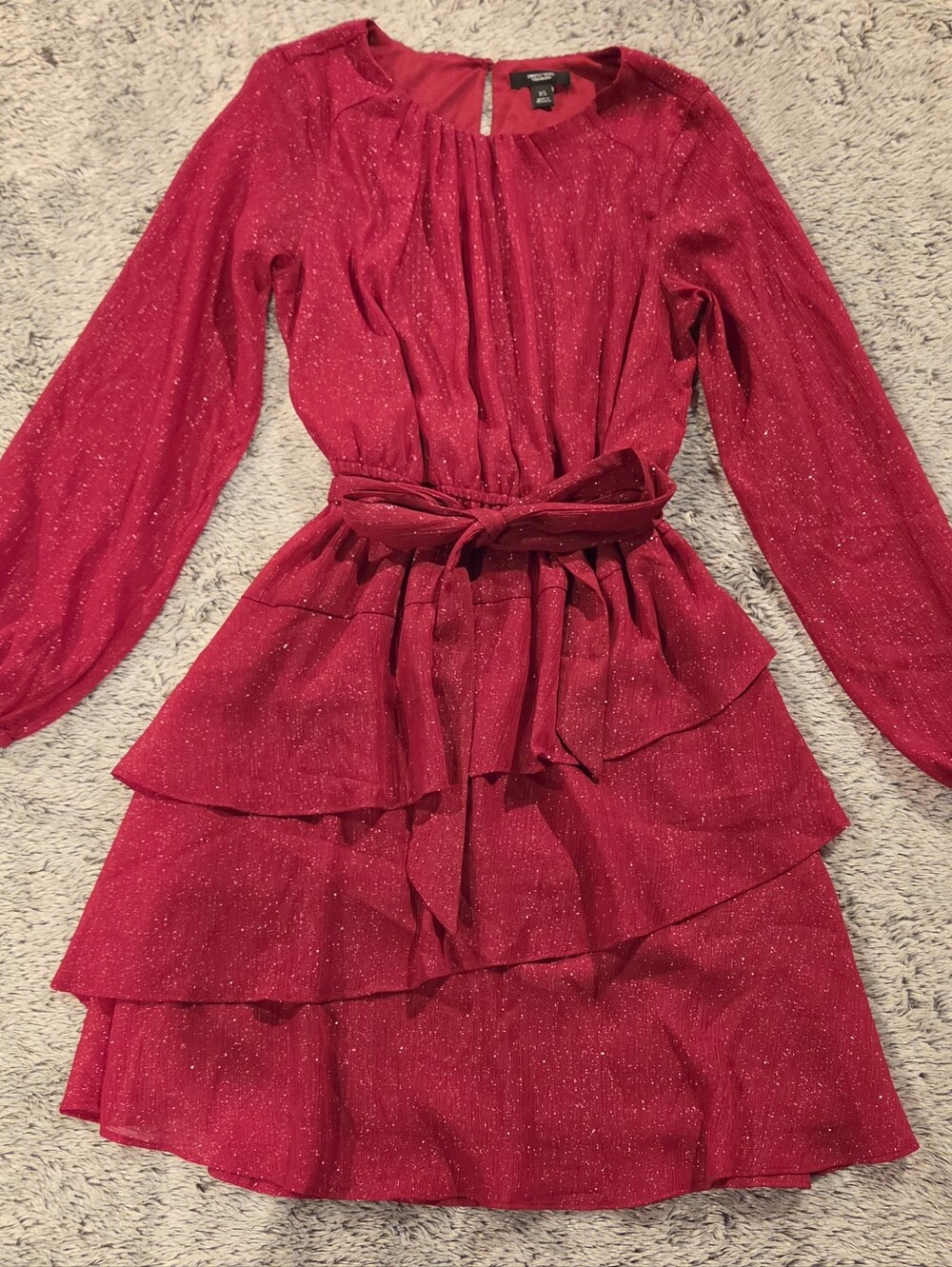 Womens Vera Wang Sparkle Red Tiered Party Dress with Waist Tie Sz Xs